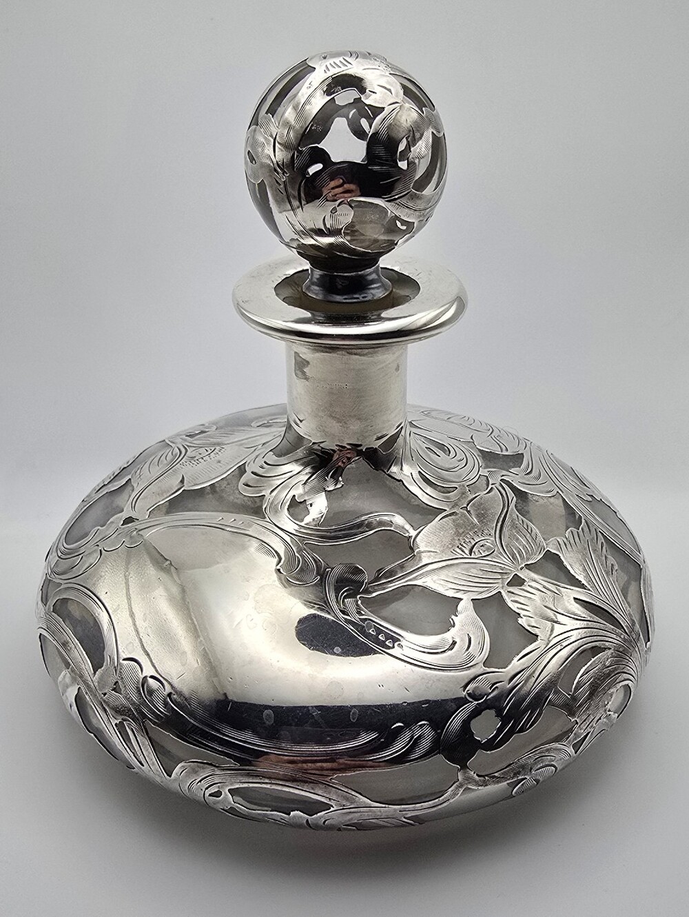 Silver Overlay Glass Decanter/Perfume Bottle with Decorative Stopper